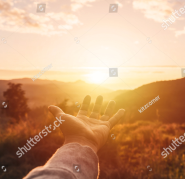 Stock Photo Young Man Hand Reaching For The Mountains During Sunrise And Beautiful Landscape 1891230616 1
